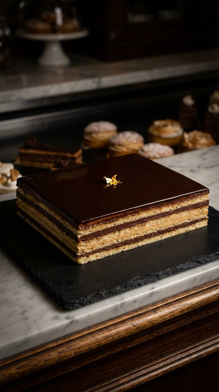A rectangular Opera cake with a glossy chocolate top and gold leaf, showing distinct layers of sponge, buttercream, and ganache.