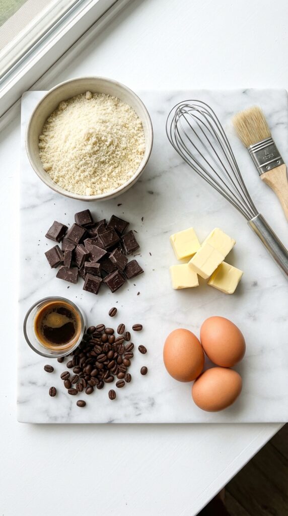 A flat lay showing almond flour, dark chocolate, espresso, butter, and eggs on a marble surface.