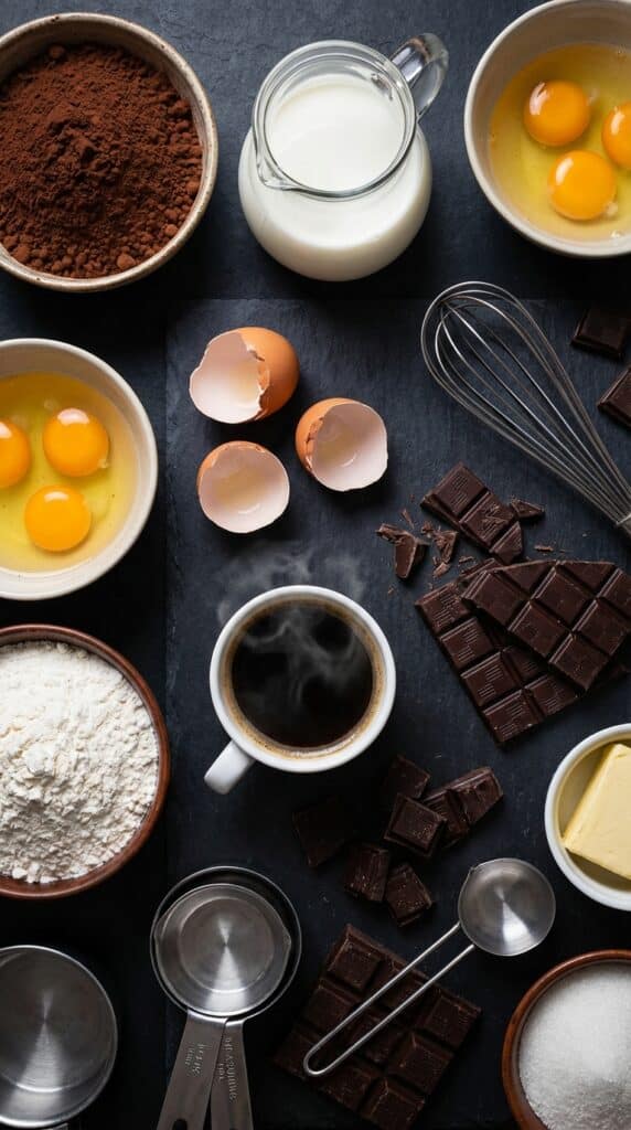 A flat lay showing cocoa powder, flour, eggs, milk, and a steaming cup of hot coffee on a slate board.