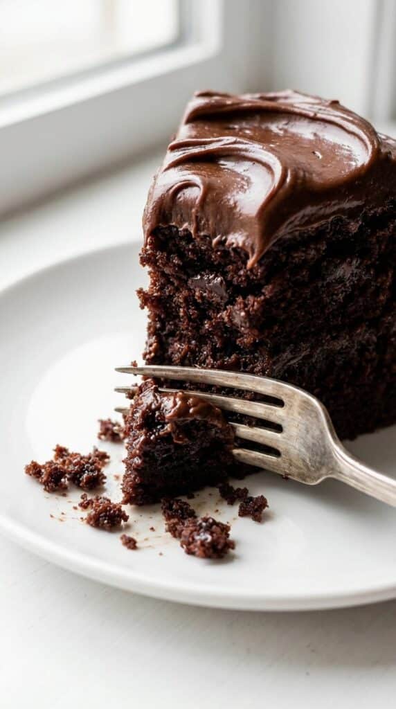 A close-up macro shot of a fork sliding into a moist slice of dark chocolate cake.