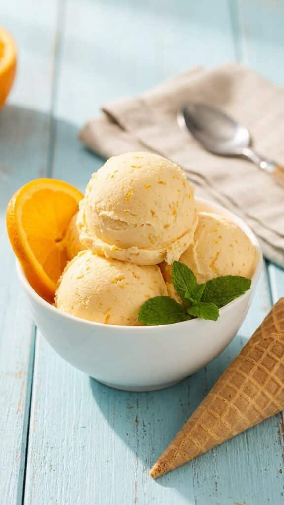 A close-up of an ice cream scoop curling a ball of orange ice cream from a pan.