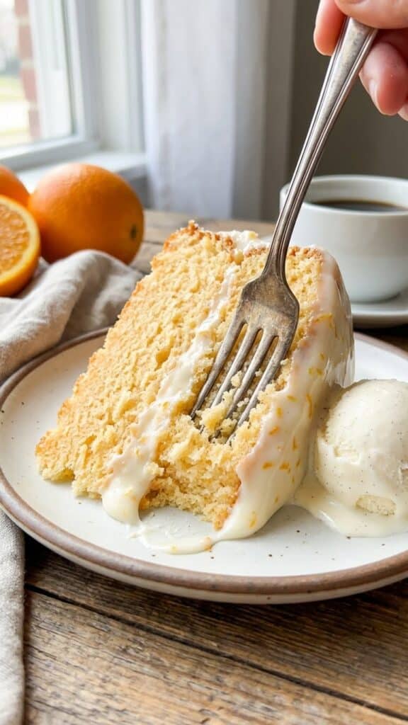An overhead flat lay of baking ingredients including fresh oranges, heavy cream, butter, flour, and a zester.