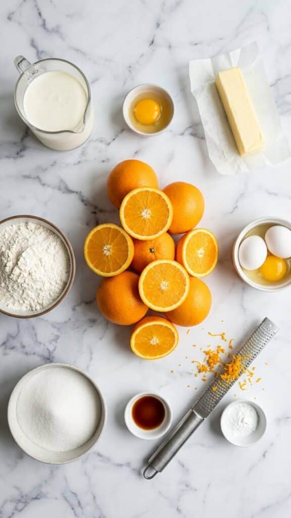 A slice of moist orange cake with white glaze on a plate, served with a scoop of vanilla ice cream.