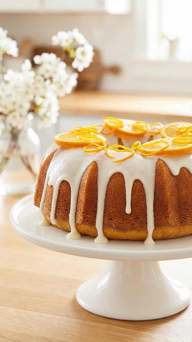 A whole orange bundt cake on a white stand, covered in thick white glaze and garnished with fresh orange slices.
