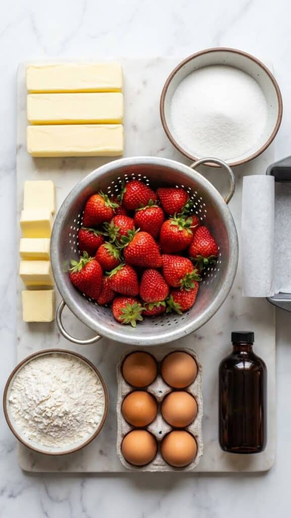 A thick slice of glazed strawberry pound cake on a plate with a fork taking a bite, showing the dense moist crumb and embedded strawberry pieces.