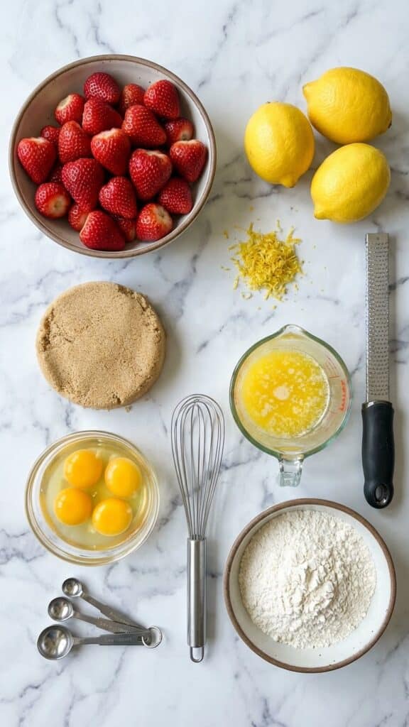 A flat lay showing fresh strawberries, lemons, brown sugar, butter, and flour arranged on a marble counter.