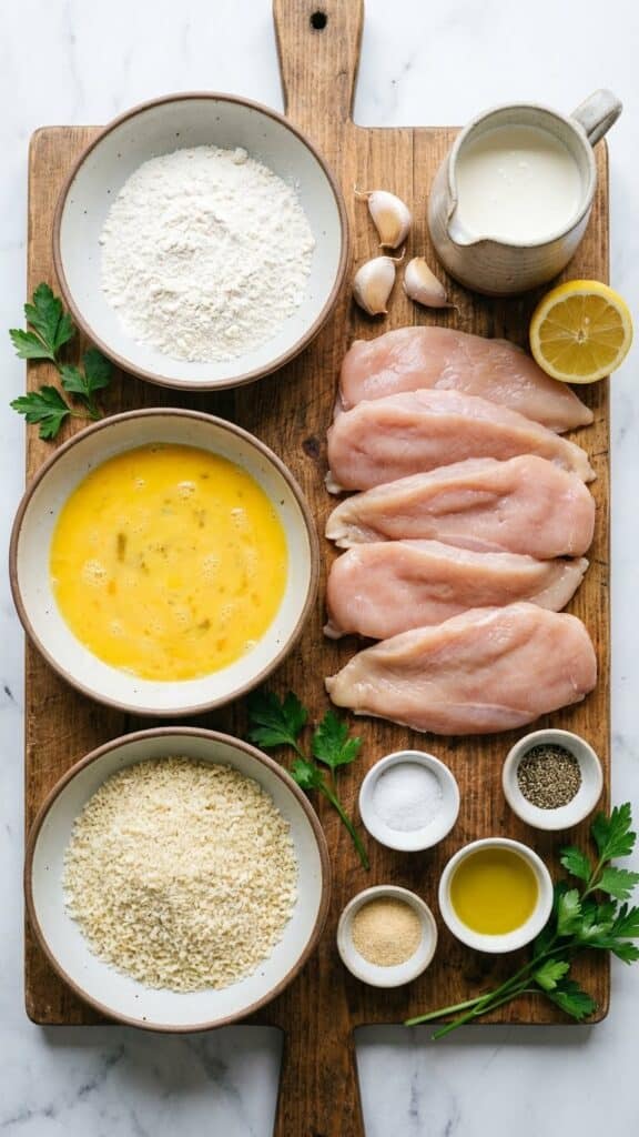 A flat lay showing raw chicken and a 3-step breading station with flour, eggs, and panko-parmesan mix, plus cream and garlic.