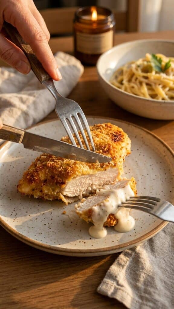 A close-up of a fork lifting a piece of crispy chicken dripping with creamy sauce, showing the juicy interior.
