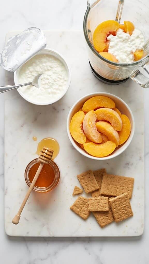 A flat lay showing a tub of cottage cheese, frozen peaches, honey, and graham crackers on a marble board.