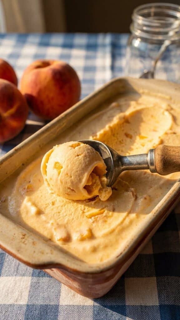 A close-up of an ice cream scoop curling a serving of peach ice cream from a loaf pan.
