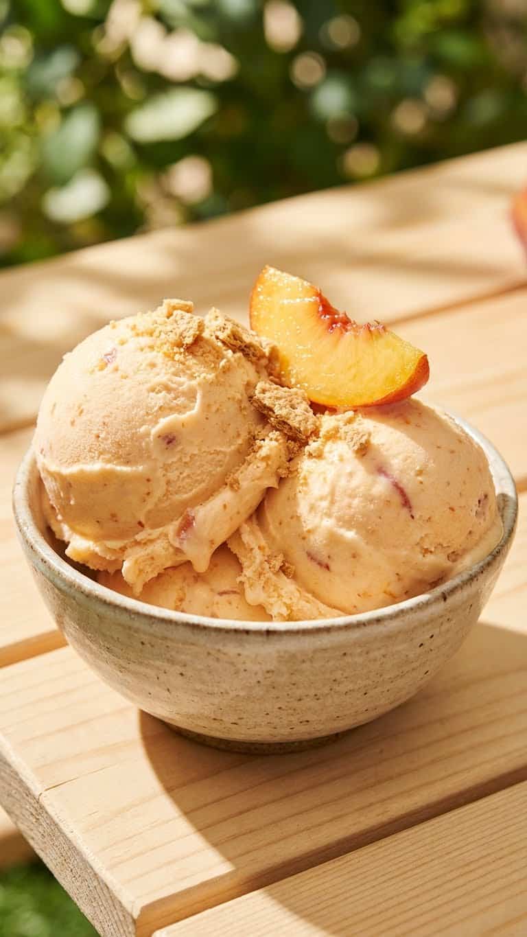 A bowl with two scoops of creamy peach ice cream topped with graham cracker crumbs and a fresh peach slice.