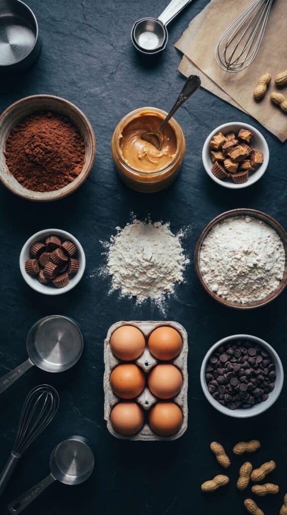 A flat lay showing cocoa powder, peanut butter, chocolate chips, flour, and eggs on a dark surface.