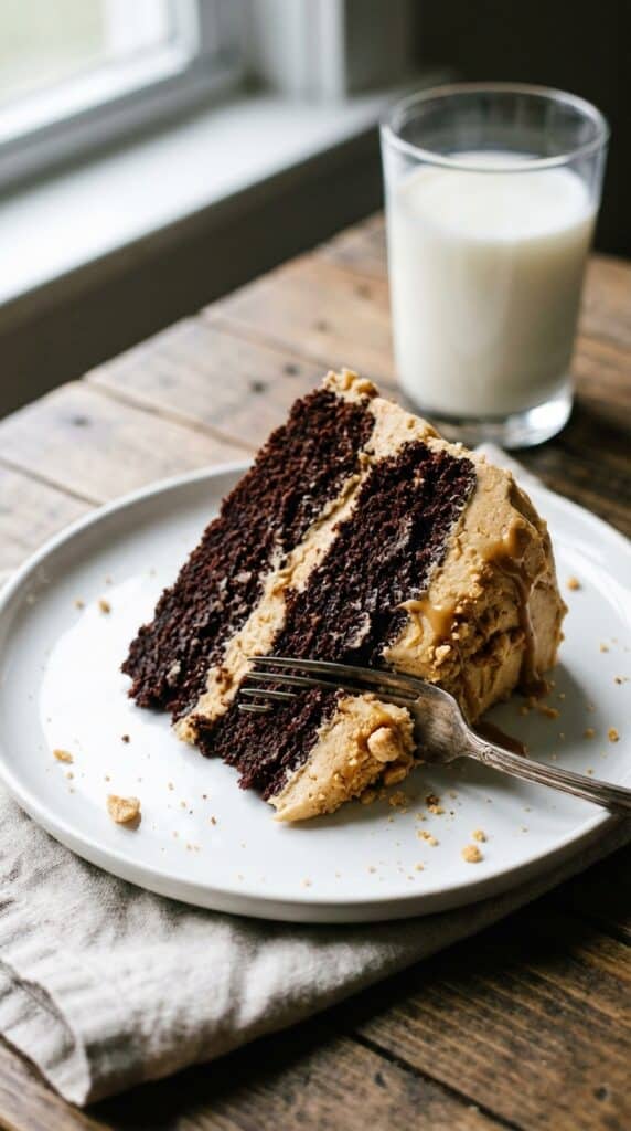A close-up of a slice of chocolate cake with thick peanut butter frosting layers on a white plate.
