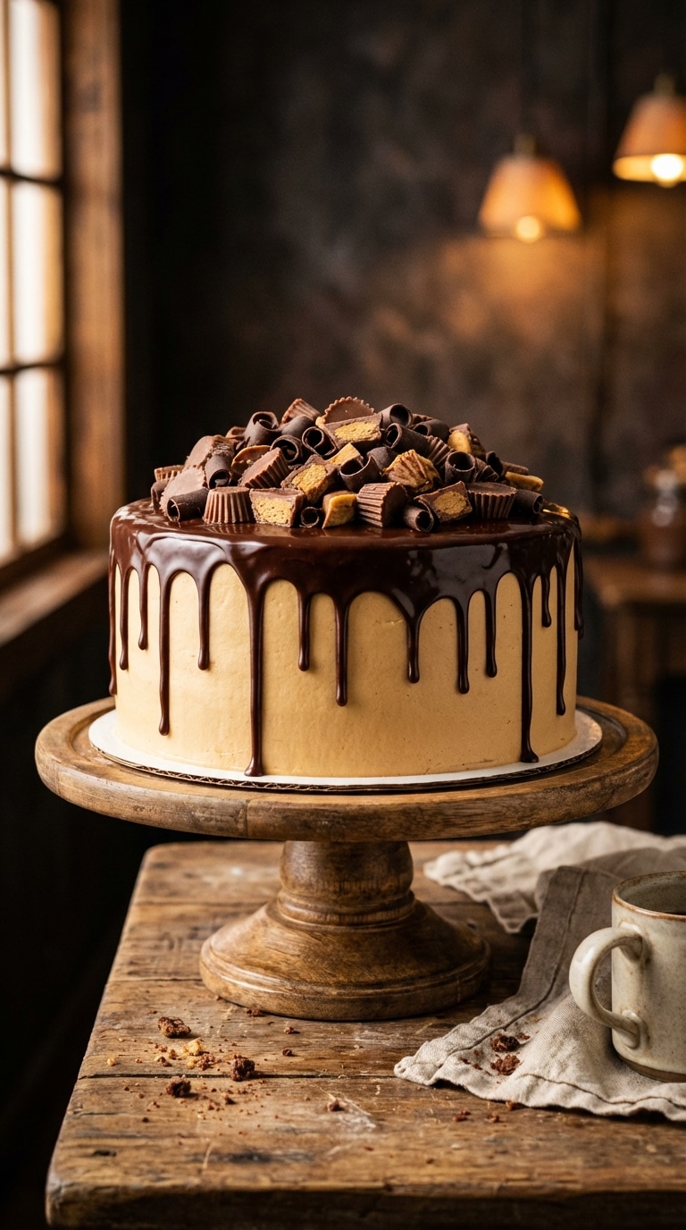 A tall chocolate cake with peanut butter frosting, chocolate drip, and peanut butter cups on a wooden stand.
