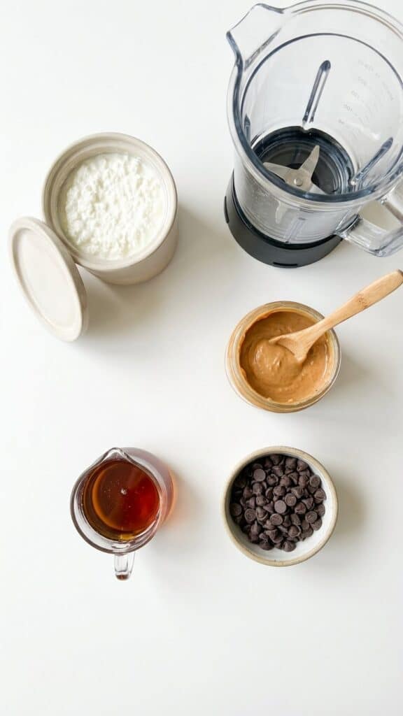 A flat lay showing a tub of cottage cheese, a jar of peanut butter, maple syrup, and chocolate chips.