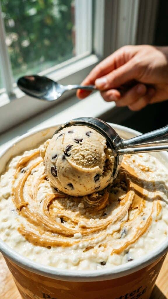 A close-up of an ice cream scoop rolling a ball of peanut butter ice cream from a container.