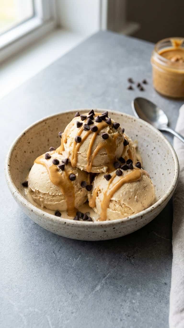 A bowl with three scoops of peanut butter ice cream topped with melted peanut butter and chocolate chips.