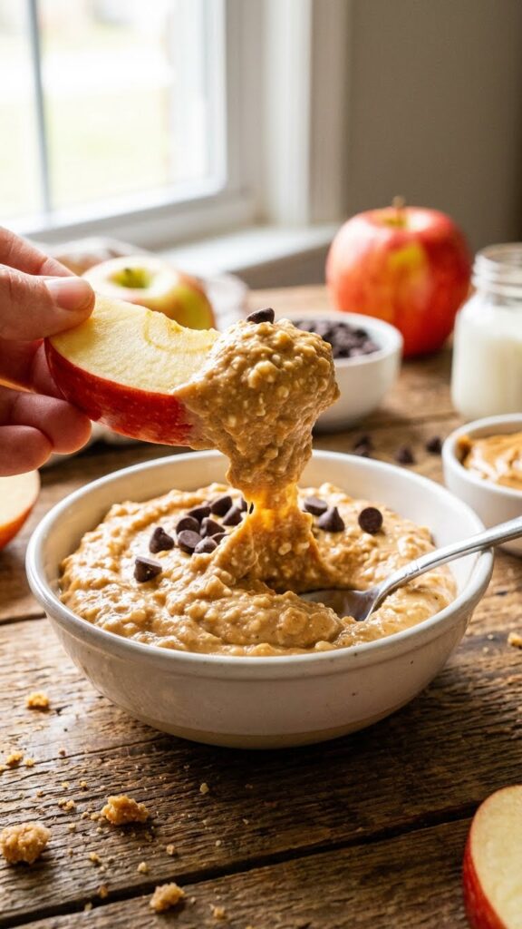A close-up of an apple slice dipping into thick peanut butter mousse.