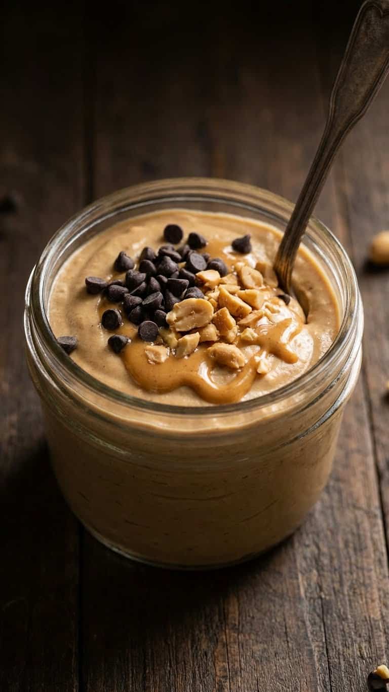 A glass jar filled with creamy peanut butter mousse topped with chocolate chips and crushed peanuts.