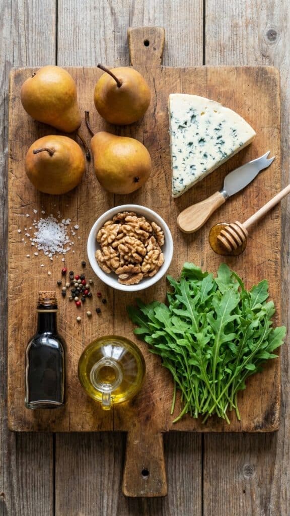 A flat lay showing whole pears, a wedge of gorgonzola cheese, walnuts, balsamic vinegar, and arugula on a wooden board.