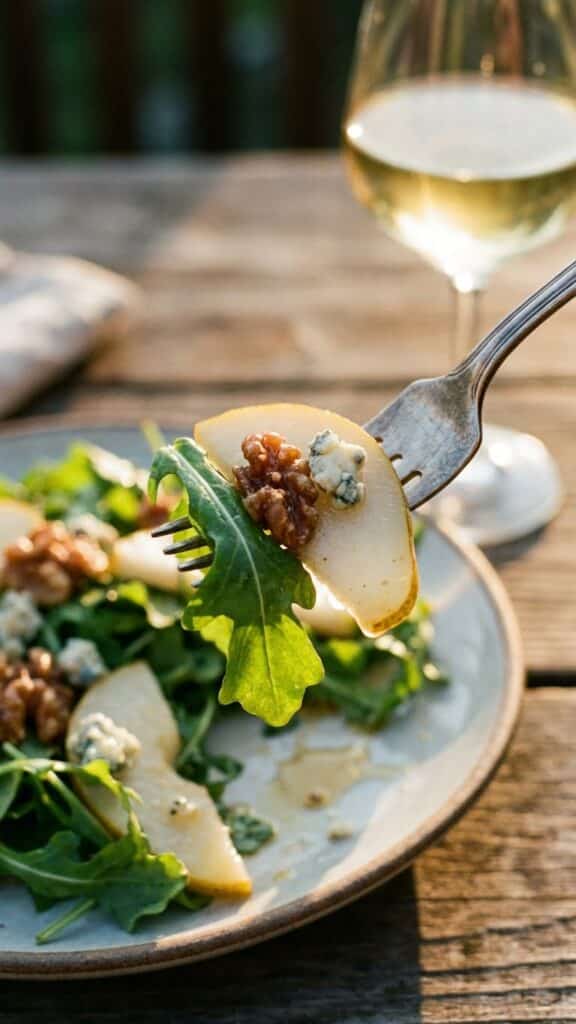 A close-up of a fork lifting a bite of pear, walnut, cheese, and lettuce.