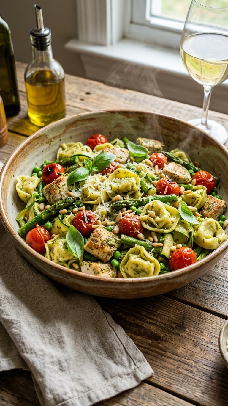 A large serving bowl filled with chicken, cheese tortellini, cherry tomatoes, asparagus, and peas tossed in vibrant green pesto sauce.