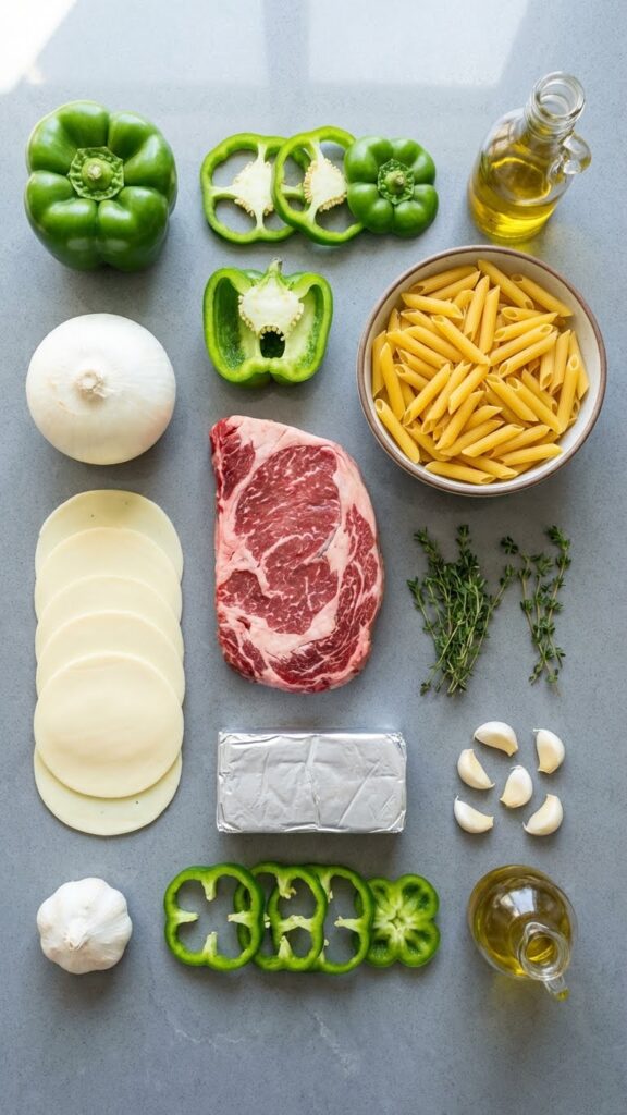 Overhead flat lay view of ingredients: raw ribeye steak, green peppers, onion, dry pasta, and Provolone cheese slices.