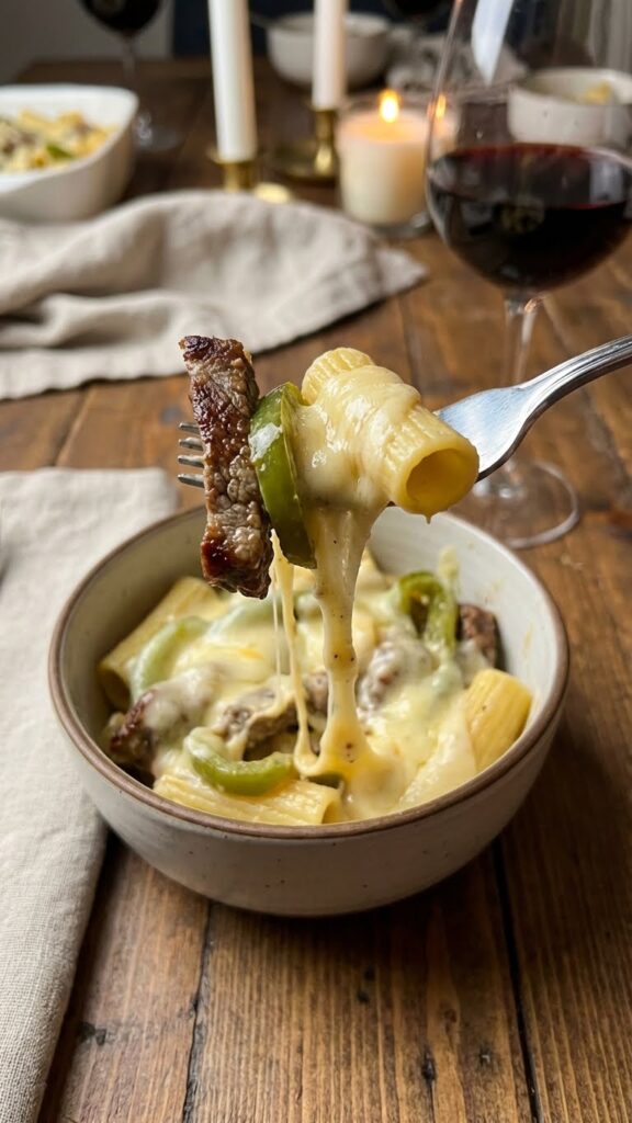 A close-up POV shot of a fork lifting a cheesy bite of pasta with steak and peppers, showing a gooey cheese pull.