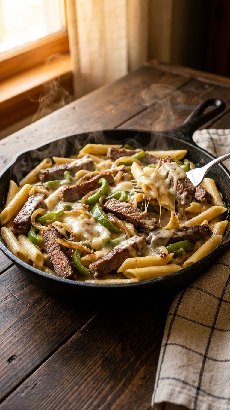 A cast iron skillet filled with creamy Philly Cheesesteak Pasta featuring steak, green peppers, and onions in a white cheese sauce.