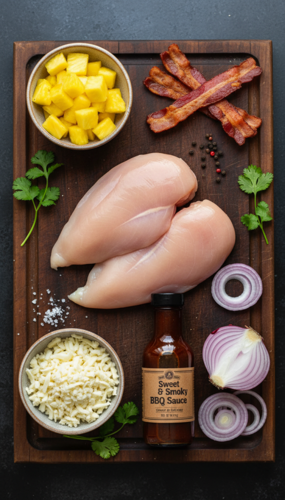 A flat lay showing raw chicken, pineapple, crispy bacon, BBQ sauce, and cheese on a wooden board.
