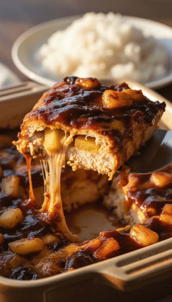 A close-up of a spatula lifting a cheesy BBQ chicken breast with pineapple and bacon, showing a cheese pull.