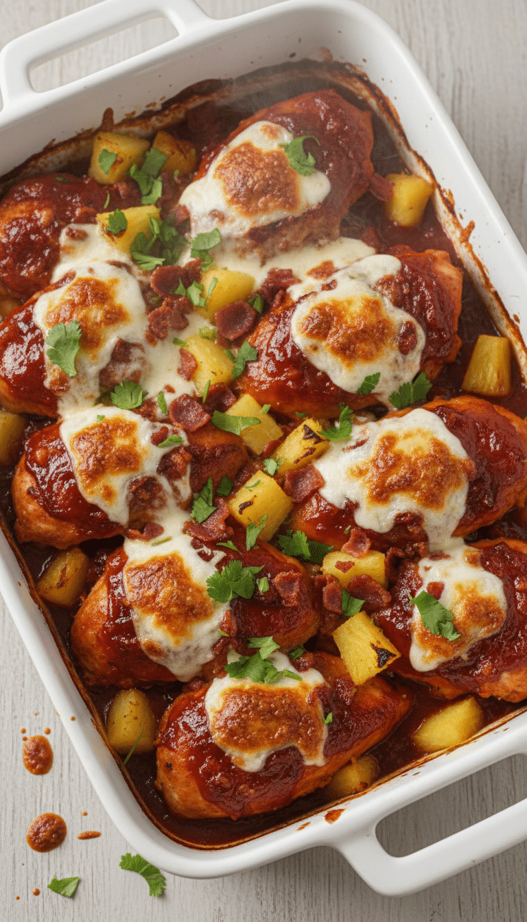 A top-down view of a baking dish filled with BBQ chicken topped with melted cheese, pineapple chunks, and bacon.