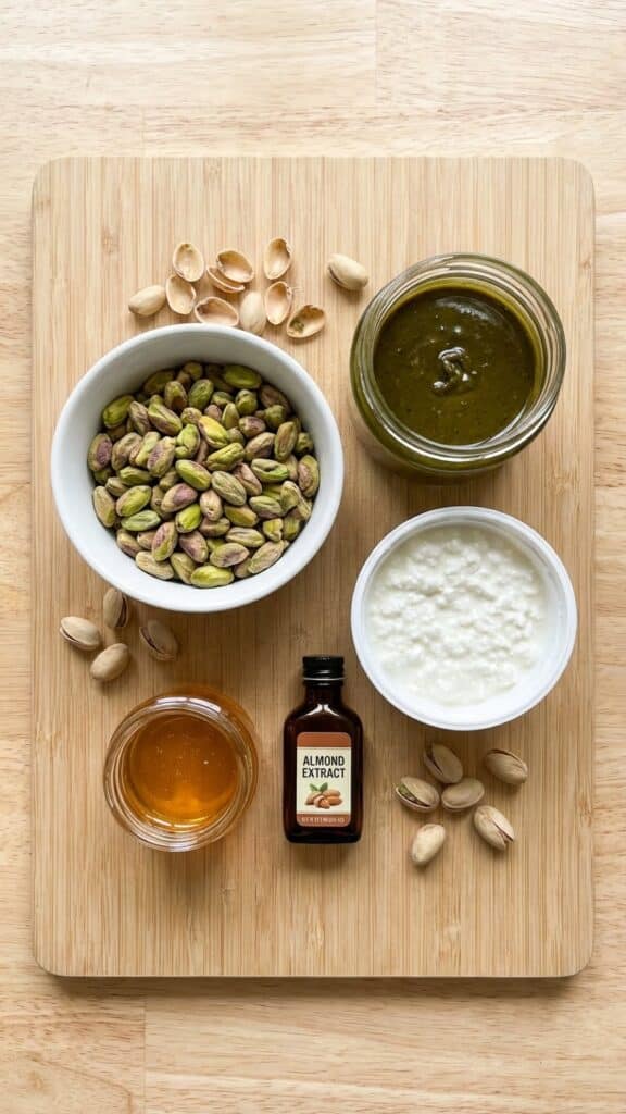 A flat lay showing cottage cheese, pistachio butter, raw pistachios, honey, and almond extract on a wooden board.
