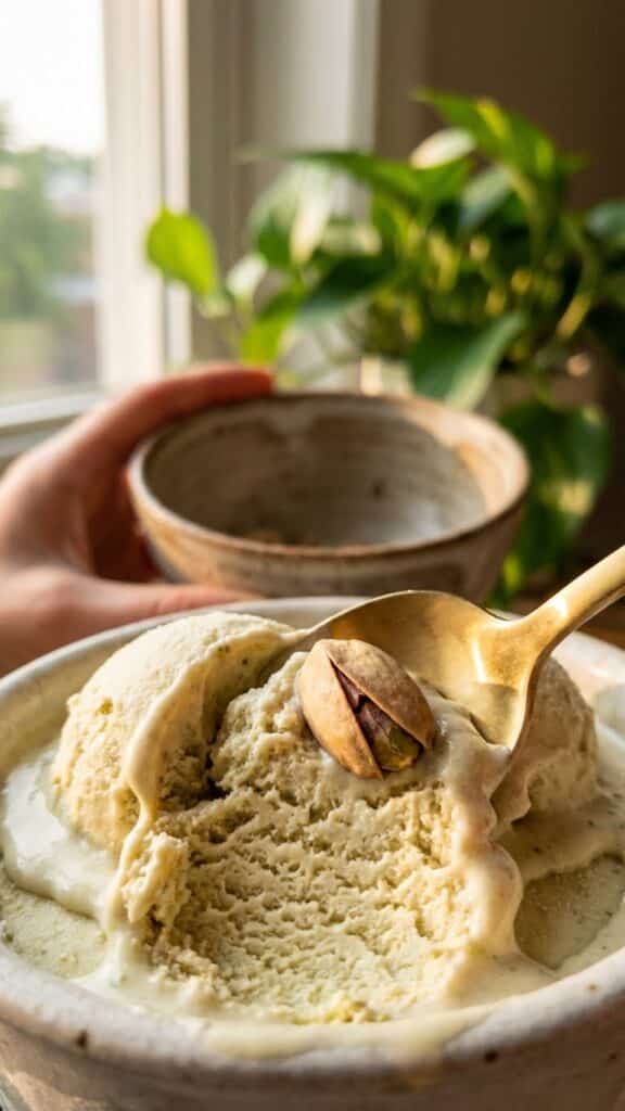 A close-up of a gold spoon lifting a bite of creamy pistachio ice cream with visible nuts.