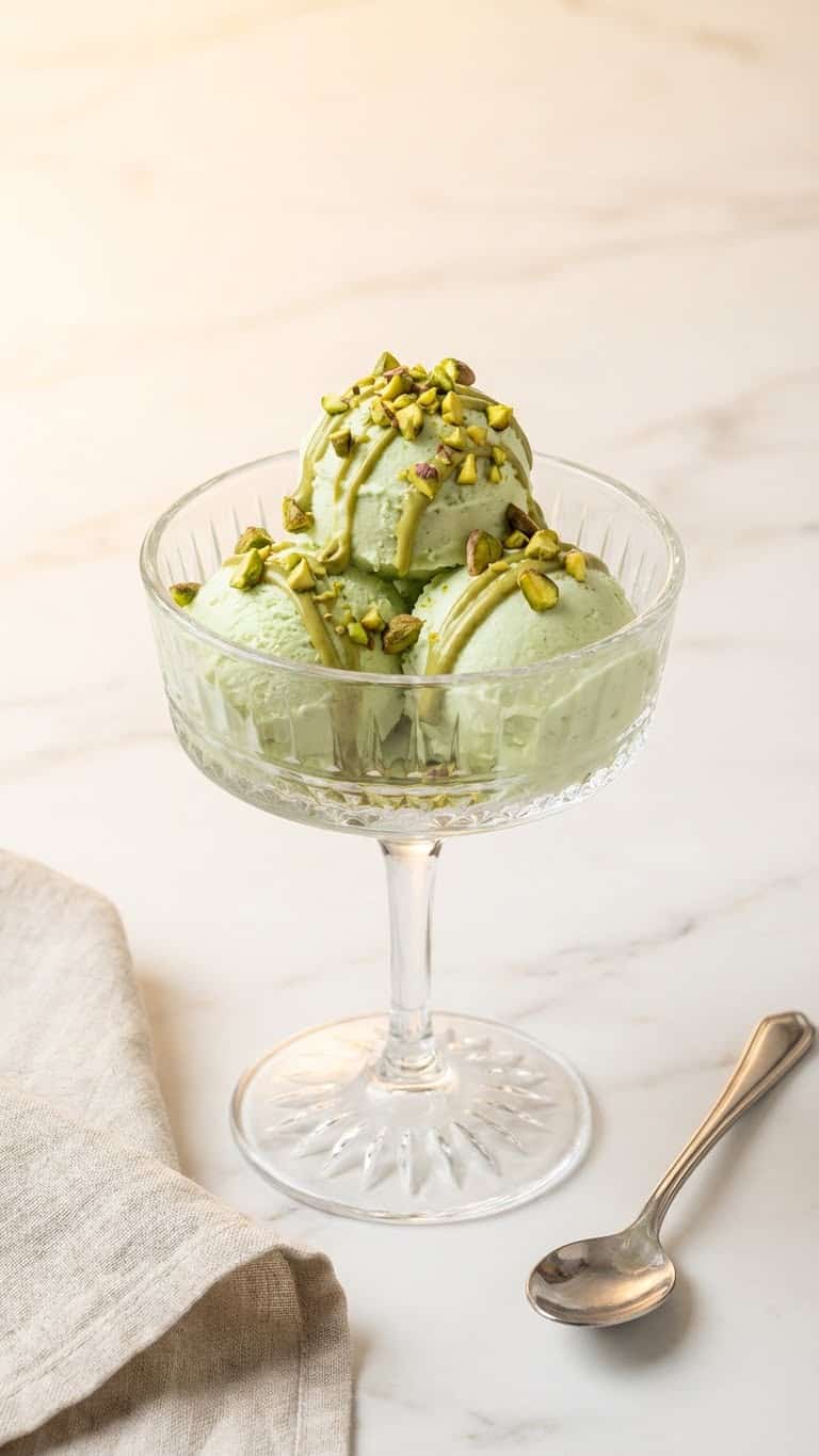 A crystal glass filled with scoops of pale green pistachio ice cream topped with chopped nuts.