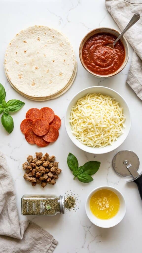 Overhead flat lay view of ingredients: flour tortillas, pizza sauce, mozzarella, pepperoni, sausage, and garlic butter.