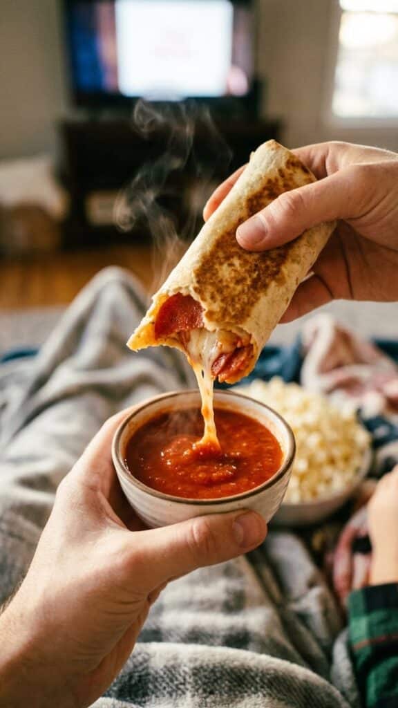 A close-up POV shot of a hand dipping a bitten pizza burrito into a bowl of marinara sauce.