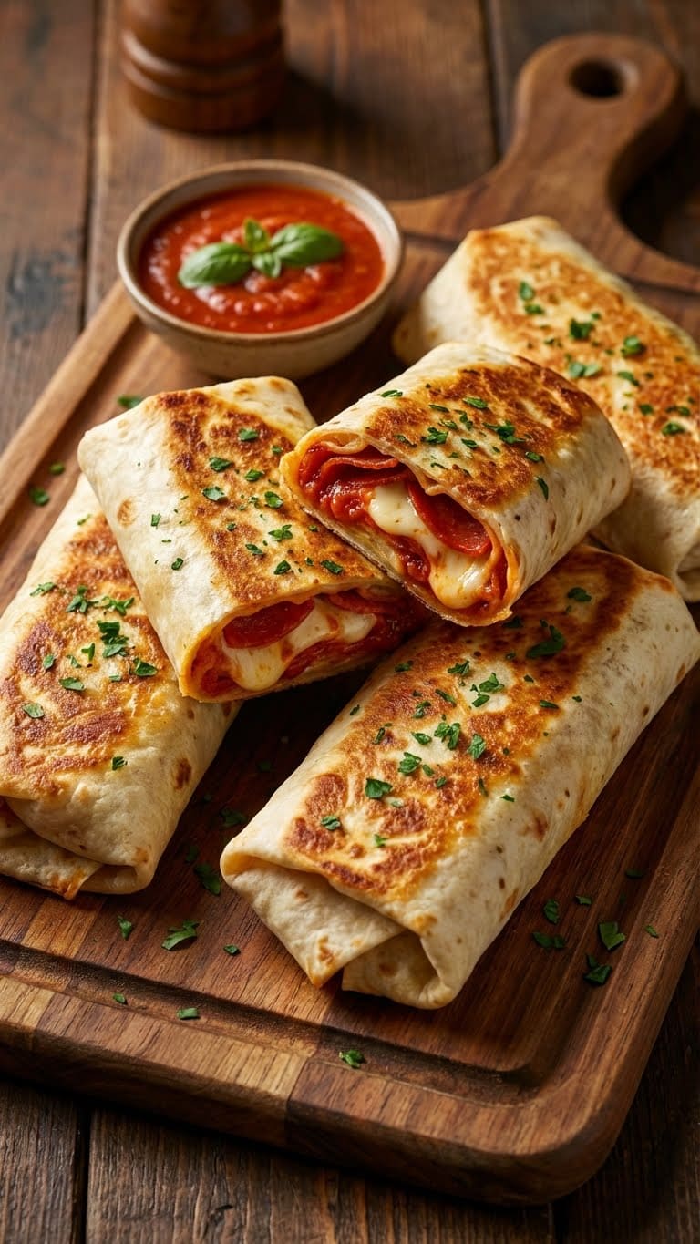 A stack of toasted pizza burritos on a wooden board, cut open to show pepperoni, cheese, and sauce filling.