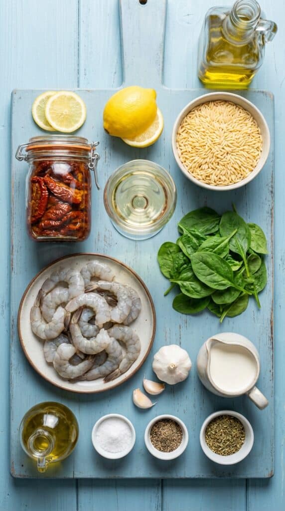 A flat lay showing raw prawns, sun-dried tomatoes, dry orzo, white wine, lemon, and cream on a blue board.