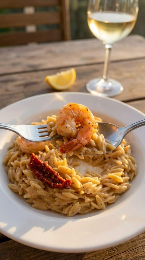 A close-up of a fork lifting a cooked prawn and creamy orzo pasta from a plate.