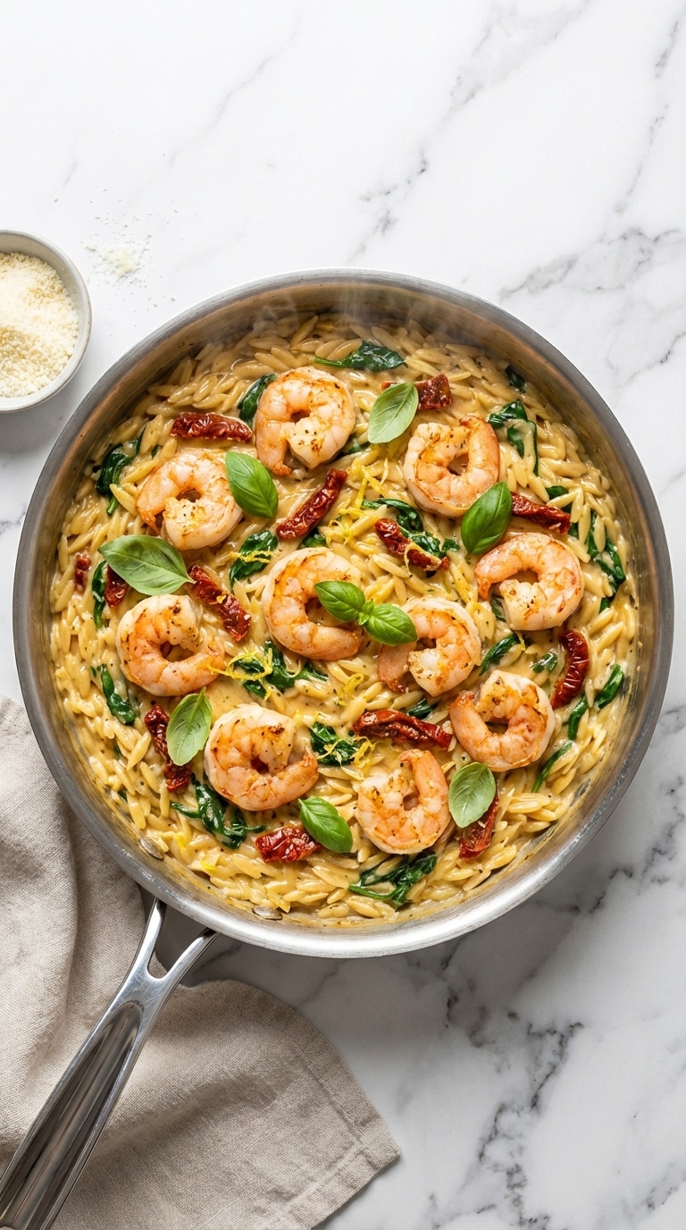 A top-down view of a skillet filled with creamy orzo pasta, pink prawns, sun-dried tomatoes, and spinach.