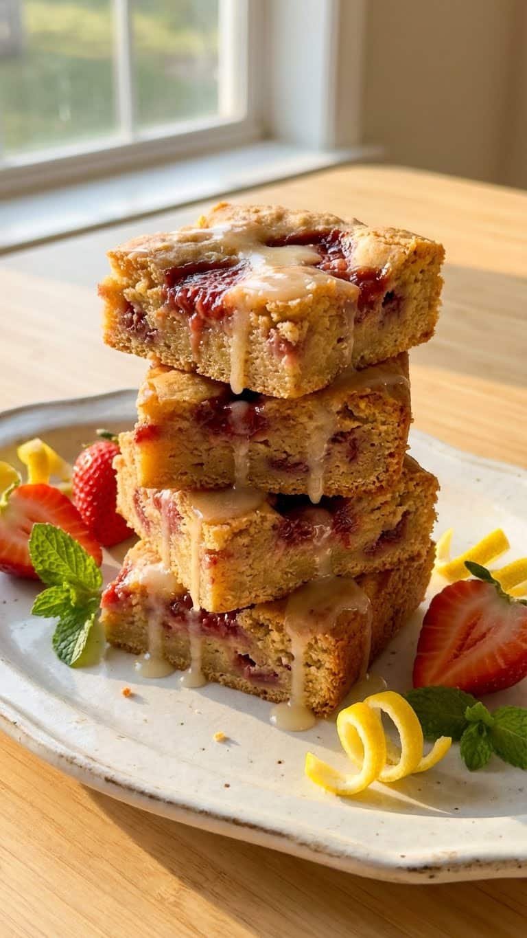 A close-up view of a stack of dense strawberry lemon blondie bars drizzled with glaze on a white platter, garnished with fresh fruit.