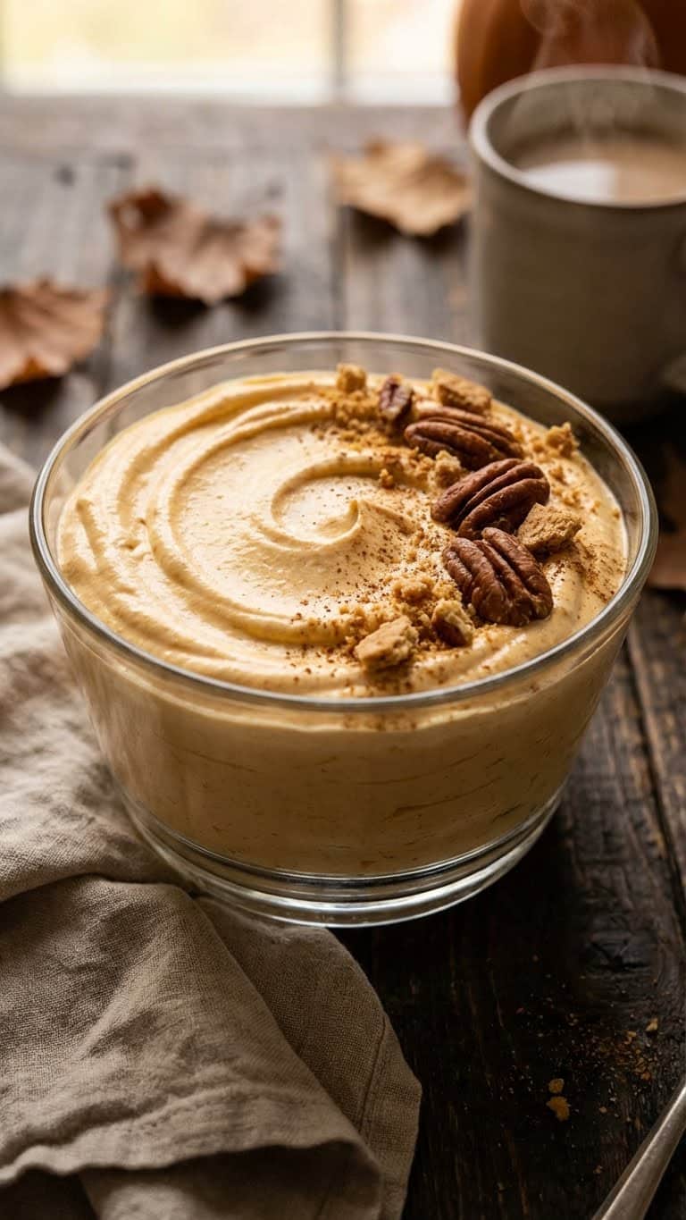 A glass bowl filled with smooth, creamy pumpkin mousse topped with pecans and cinnamon.