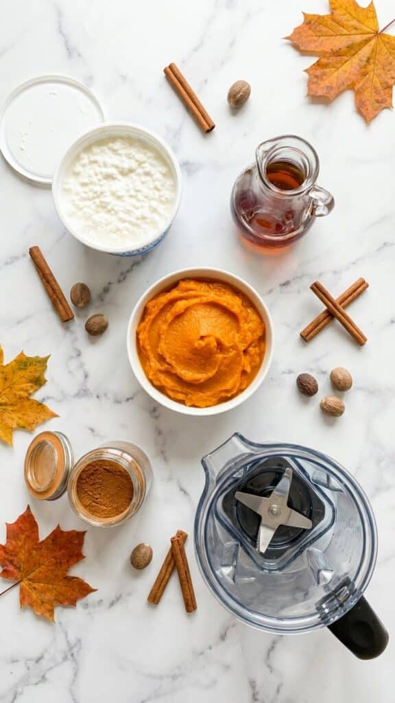 A flat lay showing cottage cheese, pumpkin puree, maple syrup, and spices on a marble table.