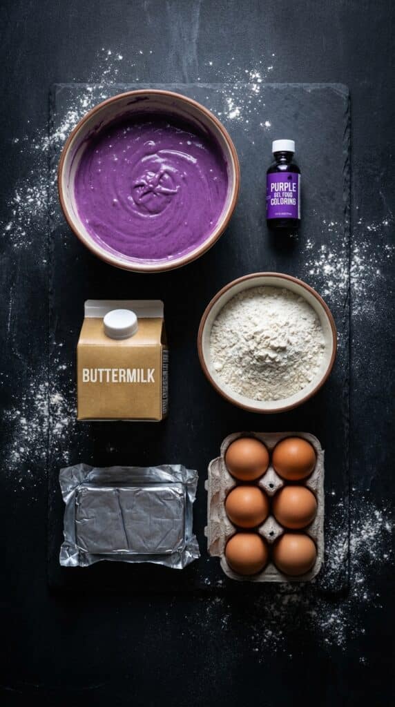 A flat lay showing flour, cocoa, buttermilk, eggs, and a jar of violet food coloring