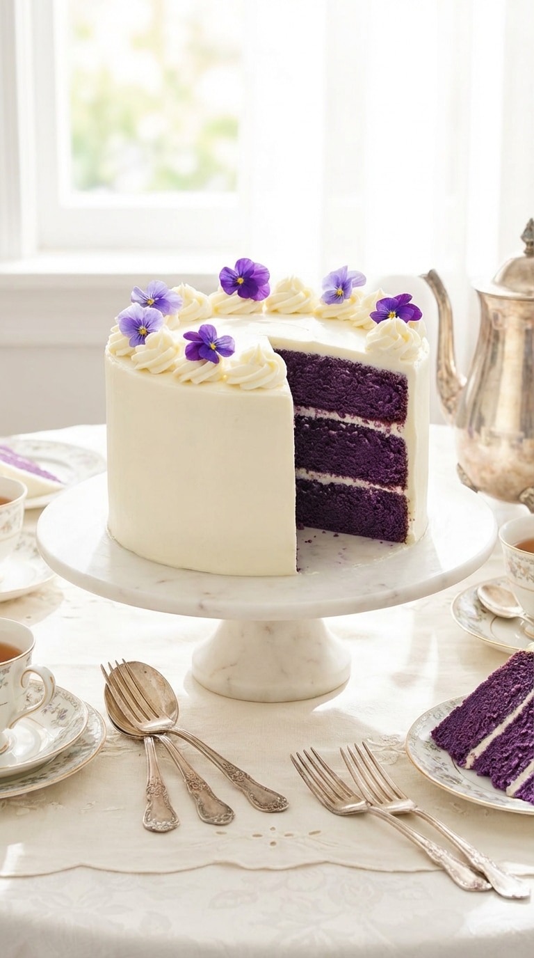 A whole round cake with white frosting decorated with purple flowers, with a slice cut out showing the bright purple inside.