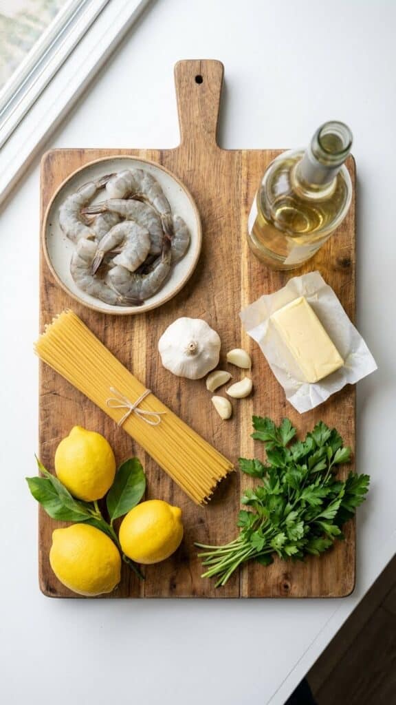 A flat lay showing raw shrimp, dry pasta, lemons, garlic, butter, and white wine on a wooden board.