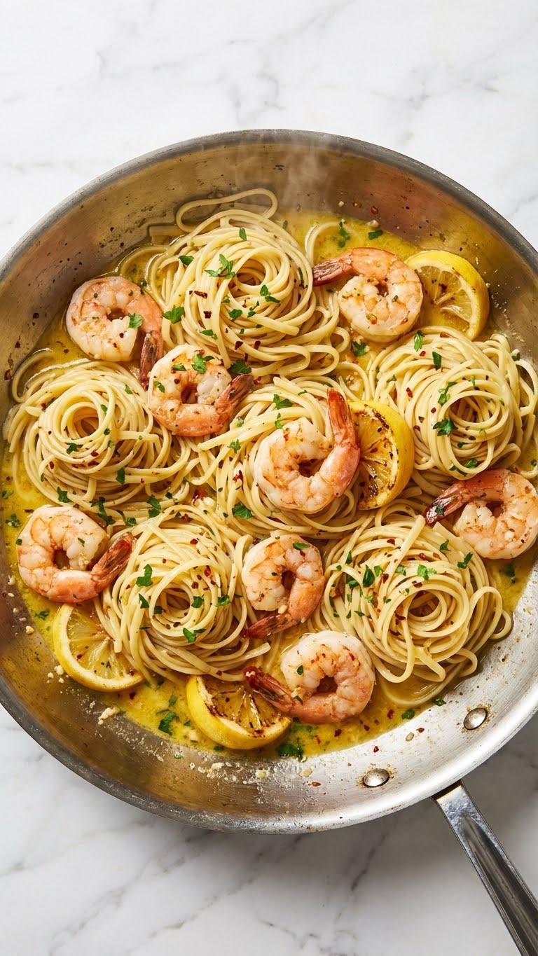 A top-down view of a skillet filled with linguine, shrimp, and lemon butter sauce garnished with parsley.