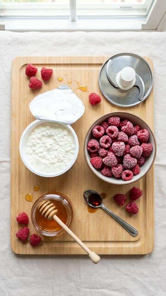 A flat lay showing cottage cheese, frozen raspberries, honey, and vanilla on a wooden board.