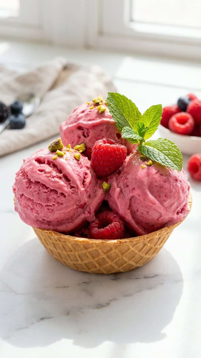 Scoops of bright pink raspberry protein ice cream in a waffle bowl topped with fresh berries.